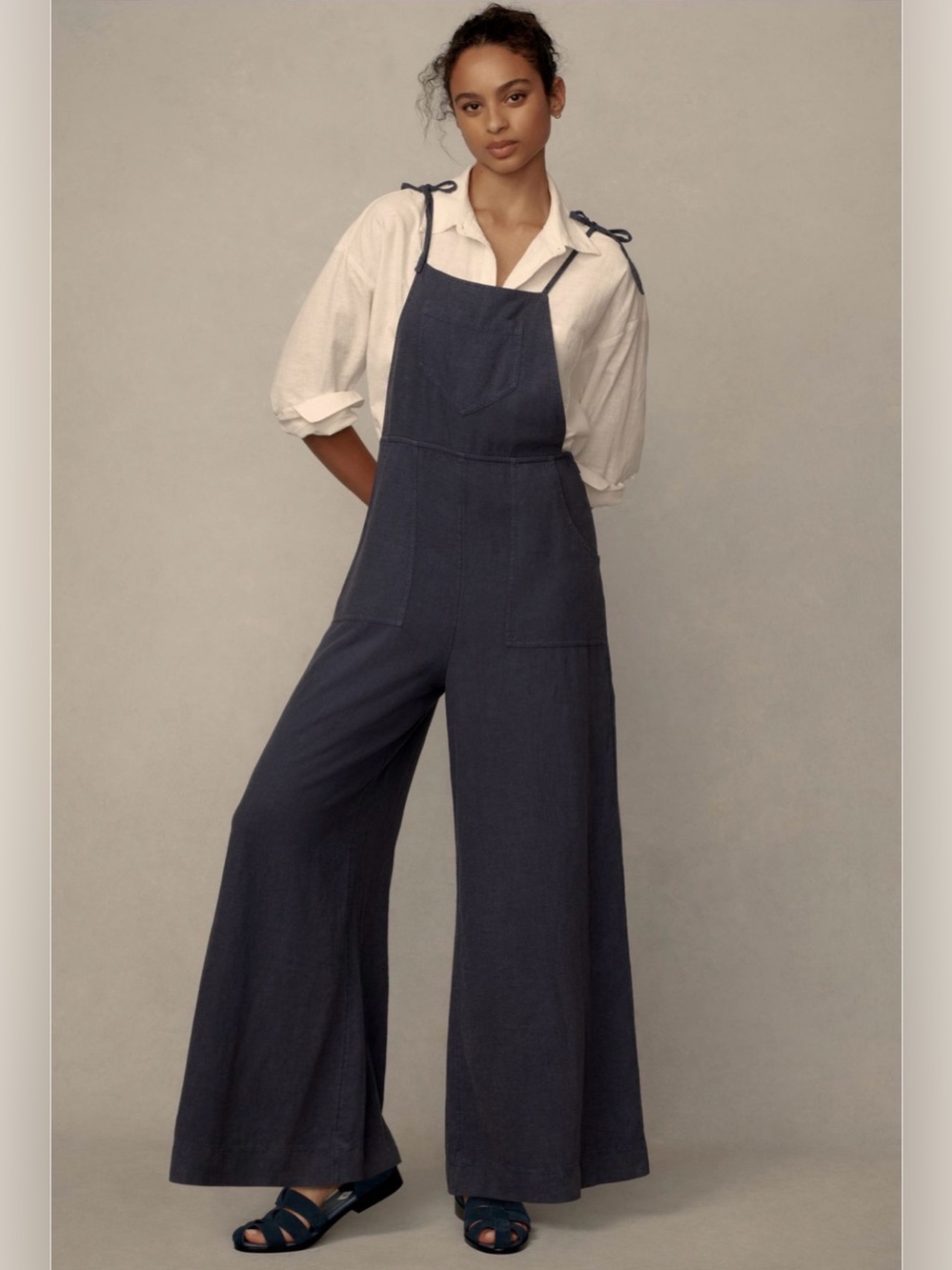 Anthropologie Navy Tie-Shoulder Wide-Leg Linen Overalls Jumpsuit